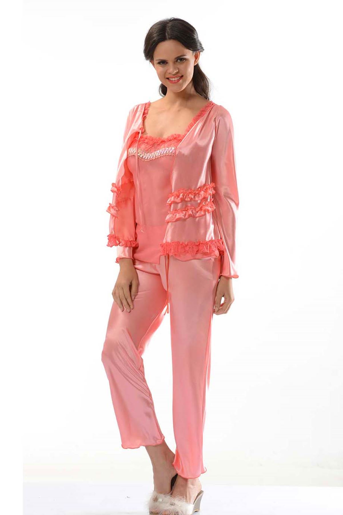 Nar Çiçeği Saten Pijama Takımı - 1413 1 Nar Çiçeği Saten Pijama Takımı - 1413 - Görsel 1