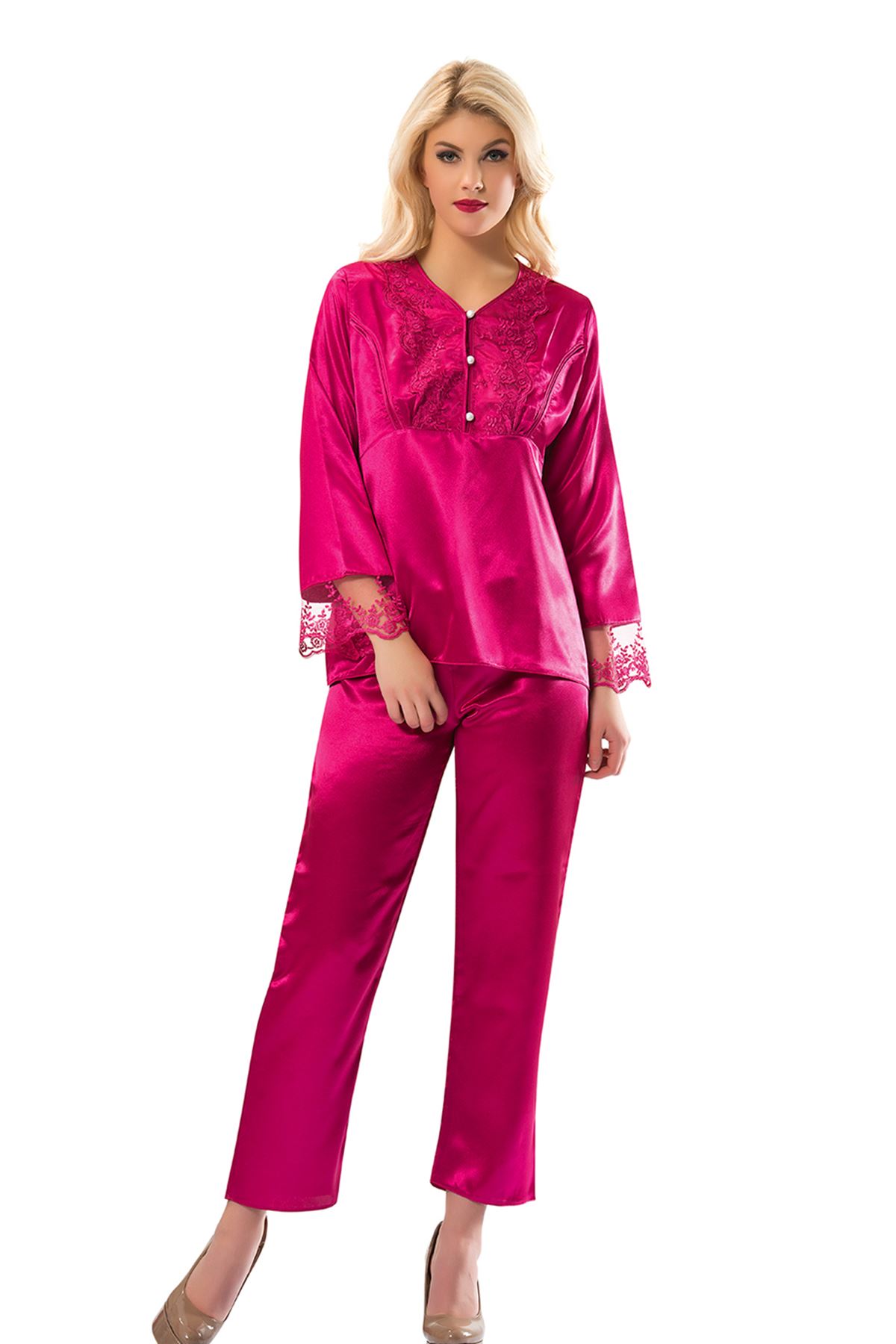 Fuşya Saten Pijama Takımı - 1595 1 Fuşya Saten Pijama Takımı - 1595 - Görsel 1