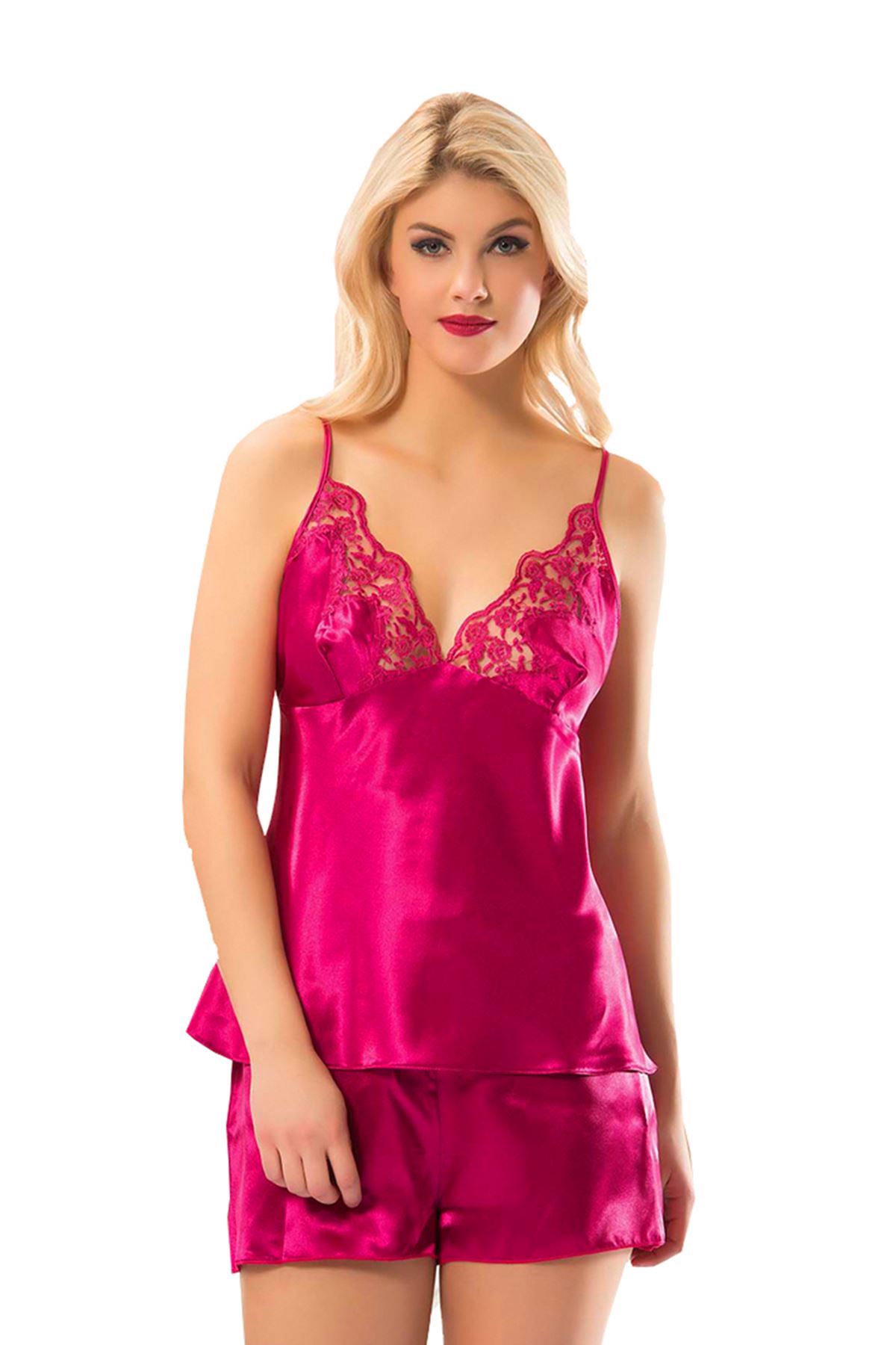Fuşya Saten Babydoll Şortlu Takım - 297 1 Fuşya Saten Babydoll Şortlu Takım - 297 - Görsel 1