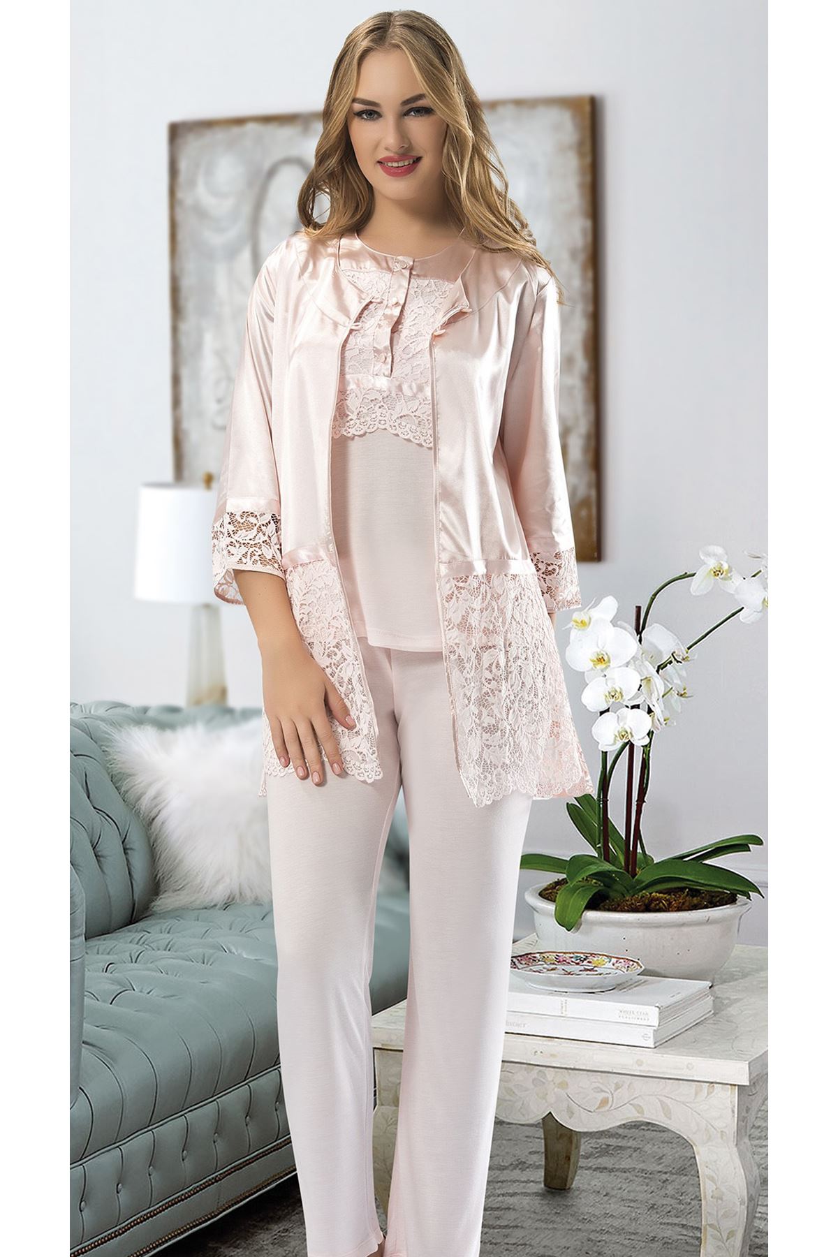 Pudra Penye Pijama Takımı - 1417 1 Pudra Penye Pijama Takımı - 1417 - Görsel 1